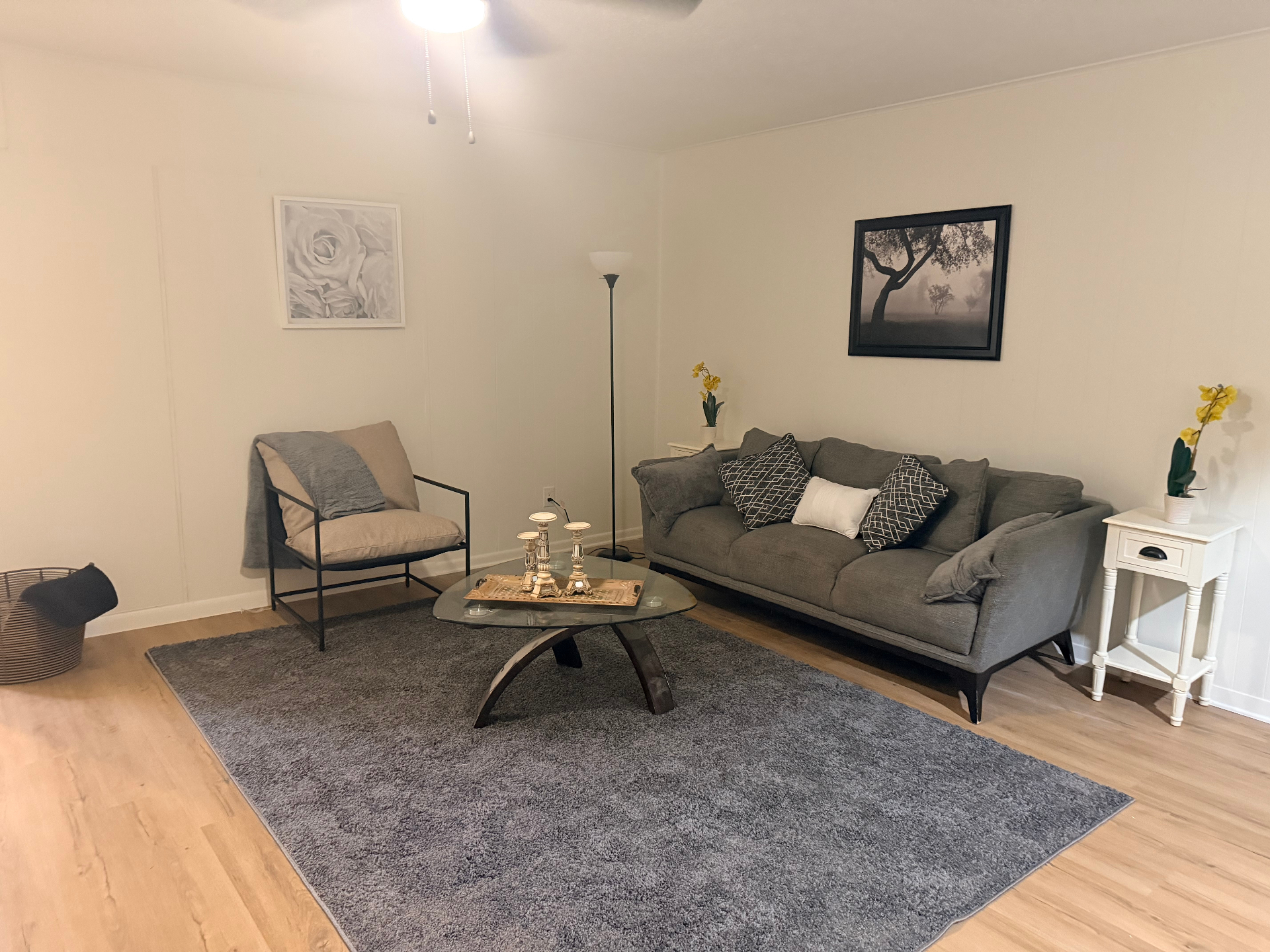 Fairgreen House — living room with grey sofa and art