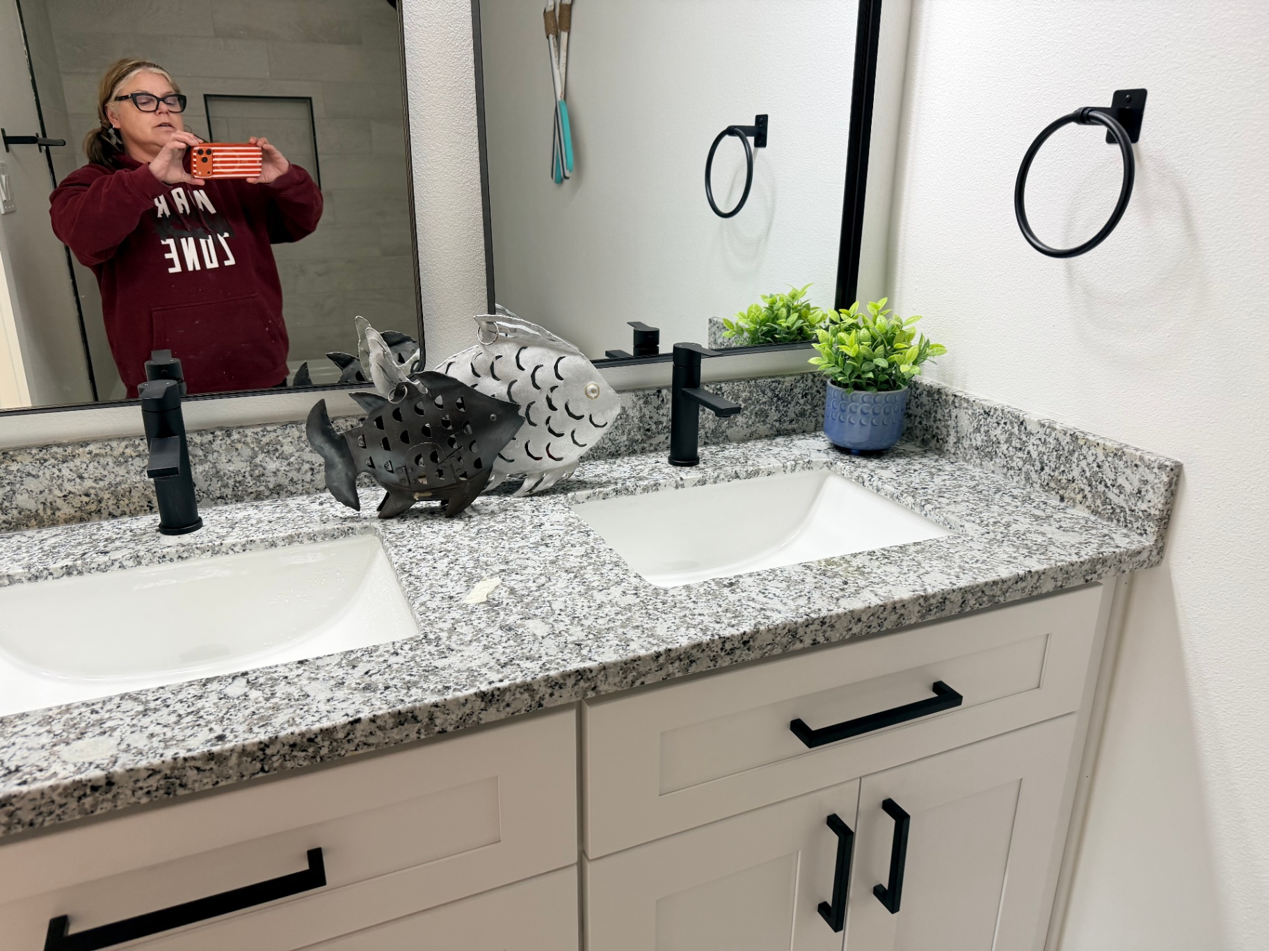 Tilgham House — double-vanity bathroom with matte black fixtures