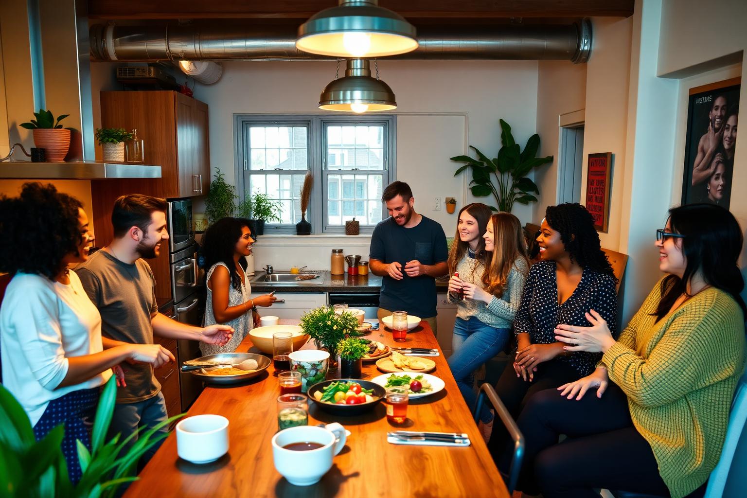 Housemates cooking and laughing together in a warm Bumblebee Coliving shared kitchen